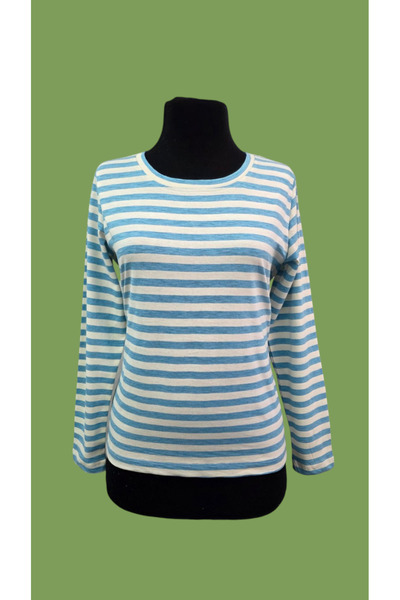 AHMERA تي شيرت نسائي قطني بأكمام طويلة ومقاس عادي مخطط باللون الأزرق