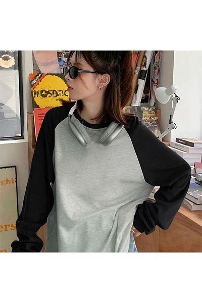 Köstebek Black Raglan Sleeve Plain Gray Melange Unisex Long Sleeve