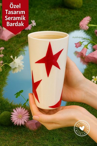 Mim and More Red Star Patterned Handmade Ceramic Cup – Special Design