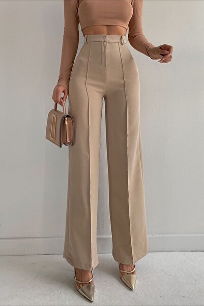 Livik Tess Beige Grassland Γυναικείο Casual 90's Super High Casual Paç Palazzo Παντελόνι