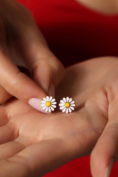 Takı Dükkanı Gold Sarı Renk Mineli Kadın Papatya Küpe Klipsli bbe02