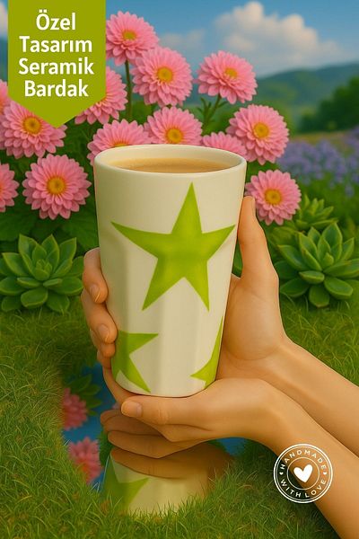 Mim and More Green Star Patterned Handmade Ceramic Cup – Special Design