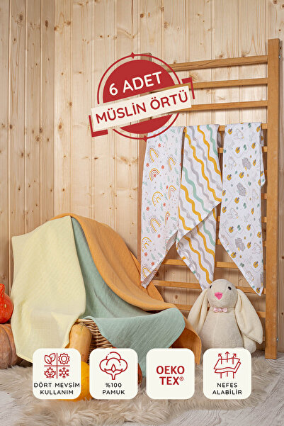 LUCKKA 3 Desenli 3 Düz Renk Ile 6'lı, Pamuk, Çok Amaçlı Müslin Bebek Bezi, Ör...