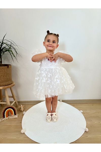 2kids2mom Butterfly Pattern White Color Dress Short Sleeve Bow Birthday Party Wedding Special Occasion Tulle Lined