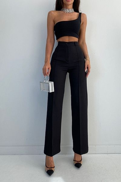 Livik Rosse Gold Black Women's Palazzo Trousers - Double Button, Super High Loose