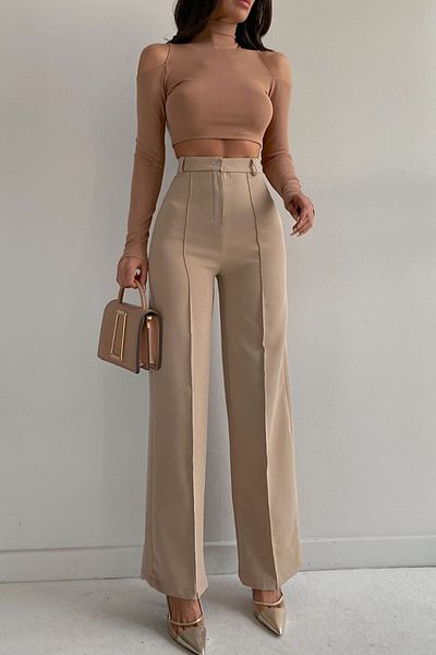 Livik Rosse Gold Ash Grey - Double Button Women's Loose Leg 90s Super High Loose Palazzo Trousers