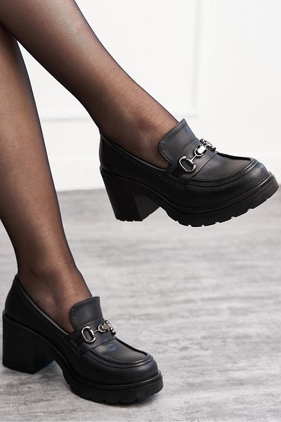 İmerShoes Дамски ежедневни черни мокасини с катарама, дебел ток и овална подметка, 76706