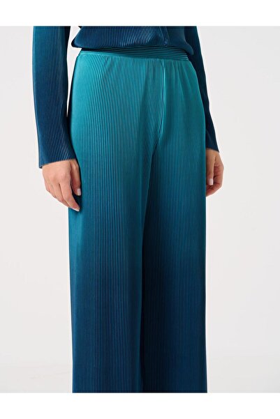 Jimmy Key Tyrkysové volné pletené kalhoty s vysokým pasem a širokými nohavicemi