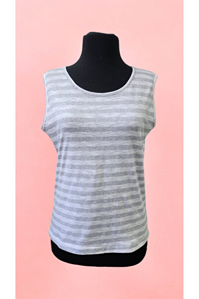 AHMERA رمادي مخطط طاقم الرقبة المرأة بلا أكمام تي شيرت