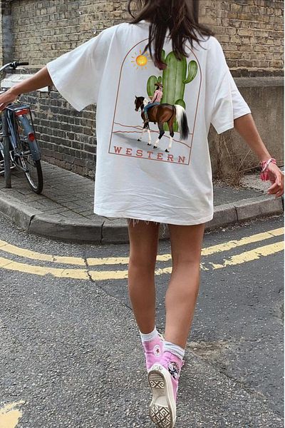 Le'sluette shadow of style Western Women's Cowboy Printed Oversize 100% Cotton T-Shirt