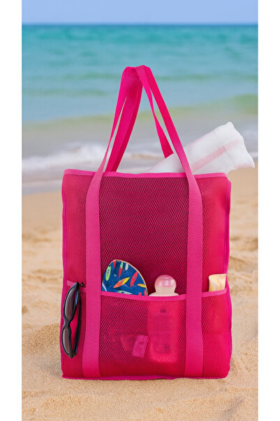 PAWWAYS Büyük Boy Kum Tutmayan Pembe Renk File Plaj Çantası Model2