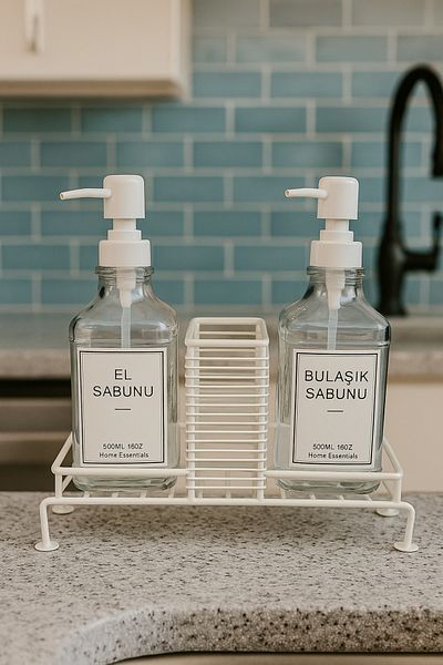 Makri Modern Glass Double Liquid Soap Dispenser & Detergent Dispenser Set-500 ml Glass Soap Dispenser with Metal Stand