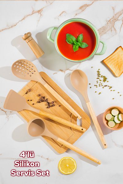 Porsima 3167 Bamboo Wooden Handle Silicone 4 Piece Serving Set Kapicino