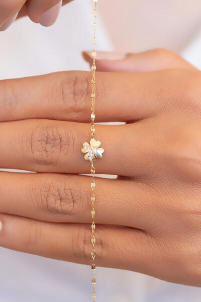 Bayar Gold 14 Ayar Altın Dört Yapraklı Taşlı Yonca Zincir Bileklik