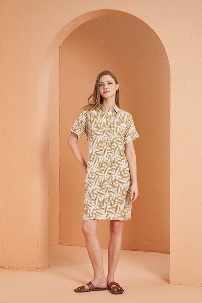 PJS Women's Beige Patterned Shirt Collar Short Sleeve Viscose Dress