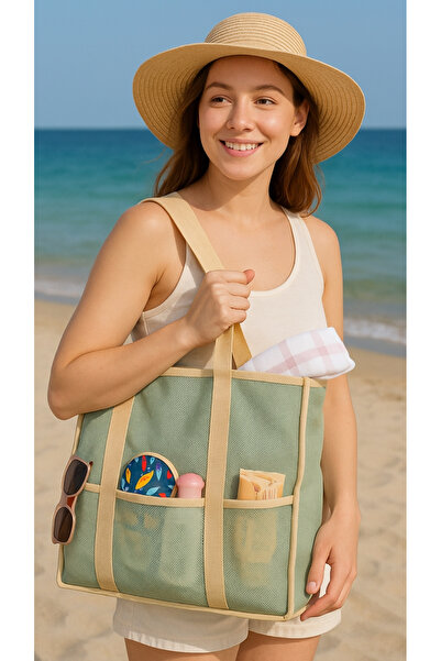 PAWWAYS Büyük Boy Kum Tutmayan Yeşil Renk File Plaj Çantası Model2