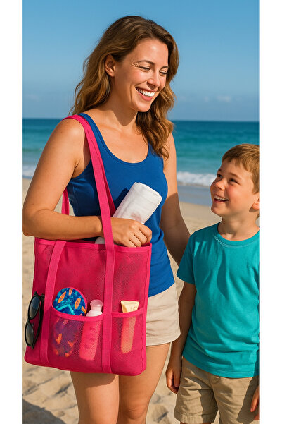 PAWWAYS Büyük Boy Kum Tutmayan Pembe Renk File Plaj Çantası Model2