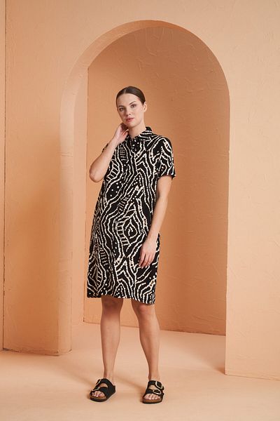PJS Women's Shirt Collar Front Buttoned Short Sleeve Viscose Dress