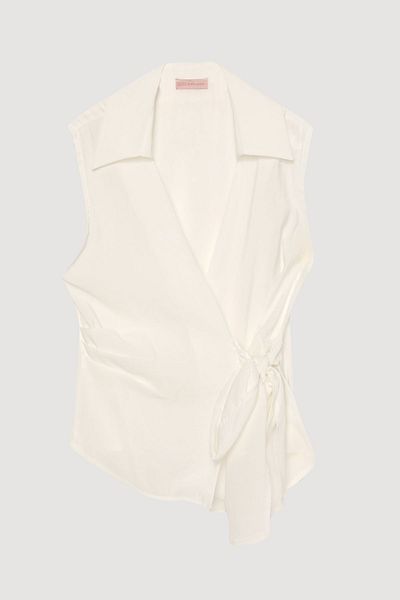 Quzu Double Breasted Collar Tie Sleeveless Blouse Ecru