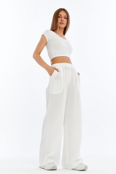 diaves Women's White Linen Casual Pants with Elastic Waist