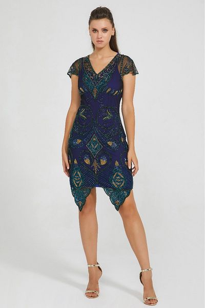GATSBYLADY LONDON Peacock Flapper Dress in Navy