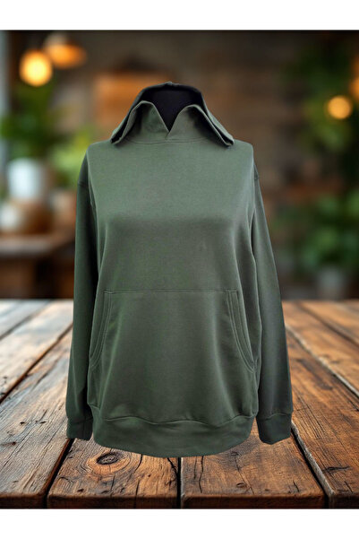AHMERA Unisex Khaki Green Regular Fit Hooded Kangaroo Pocket Long Sleeve Sweatshirt