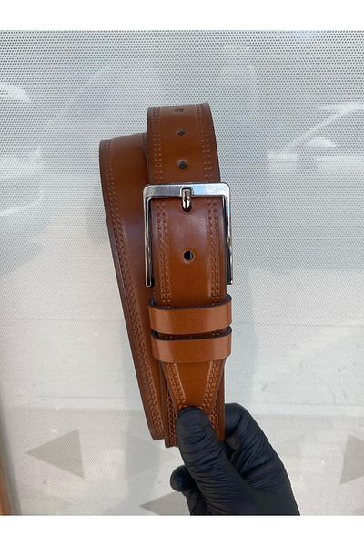 Gesa Men's Faux Leather Sports Patterned Taba Belt 4 cm