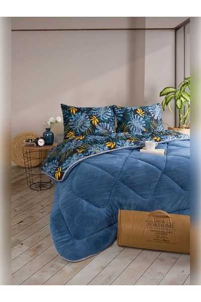 Sudemhome لحاف مزدوج من الصوف الناعم الفاخر من Welsoft Elite وغطاء وسادة Monestera Indigo
