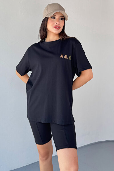 Cappmoda T-914 Black Camping Embroidered Crew Neck T-Shirt