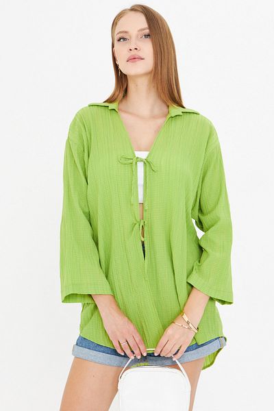 armonika Cămașă kimono pentru femei verde fistic cu guler și șireturi ARM-25K 001006