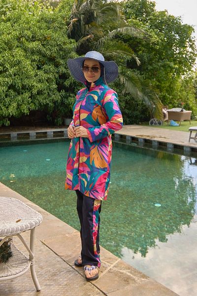 Starinci Mayo Costum de baie complet acoperit Hijab Colorat Giant Floral Bleumarin