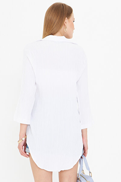 armonika Women's White Shirt Collar Front Lace-Up Kimono Shirt Arm-25K 001006