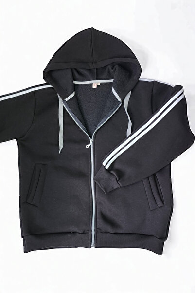 AHMERA Unisex Normal Kalıp Fermuarlı Şeritli Kapüşonlu Kışlık Ceket