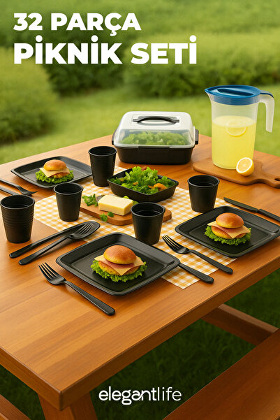 Genel Markalar 32 Parça Taşınabilir Antrasit Gri Piknik Seti Bardak, Tabak, Ç...