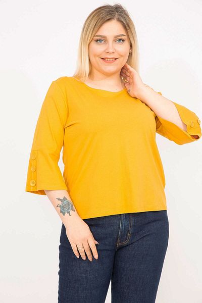 Şans Women's Mustard Plus Size Cotton Fabric Sleeves with Ornamental Buttons Capri Sleeve Blouse 65n35766
