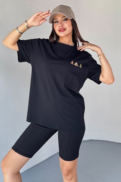 Cappmoda T-914 Tricou negru cu broderie pentru camping, cu gât crew