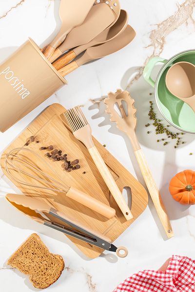 Porsima 3164 Bamboo Wooden Handle Silicone 11 Piece Serving Set with Metal Stand Kapicino