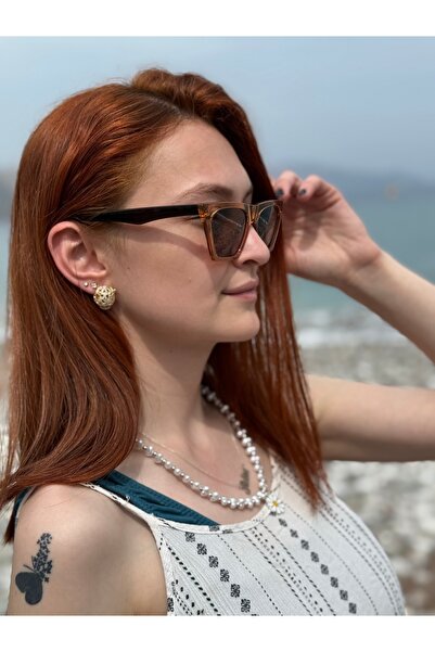 Ferrucci Brand Model Women's Sunglasses with Brown Glass with Transparent Bronze Cat Eye Frame