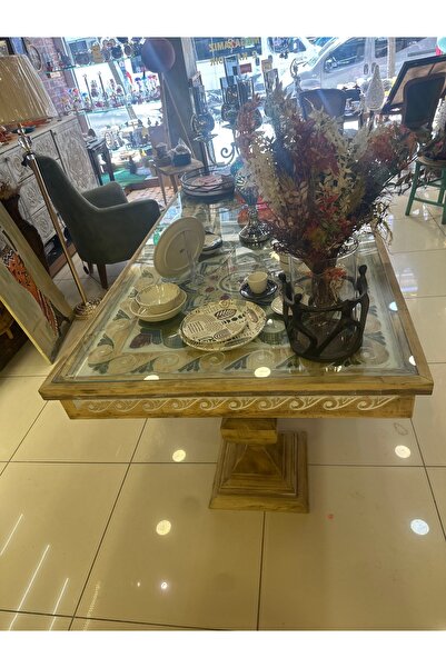 GÜRSES HOME YEMEK MASASI MASİF ÇAM AĞACI ESKİTME EL OYMASI BOYALI