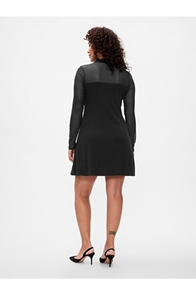 GAP Kadın Siyah Balıkçı Yaka Transparan Detaylı Mini Elbise