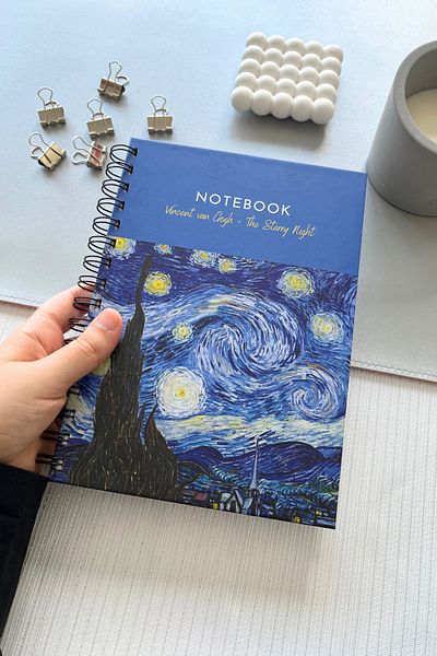 Eldesen Tasarım Spiral Thick Cover Unlined Notebook, A5 Size 80 Sheets 160 Pages, Unlined Notebook, Van Gogh
