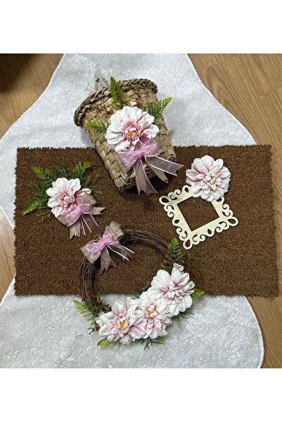 Marrone Σετ Ροζ Αστέρια με λουλούδια Διακοσμητικό για πόρτα Χαλάκι πόρτας Ψάθ...