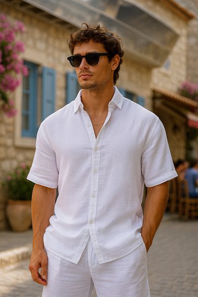 Pobudo White Color Linen Look Muslin Summer Suit - Shirt and Shorts Men's Suit