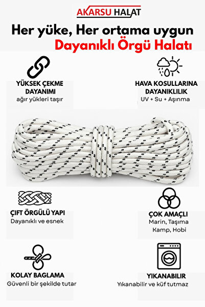AKARSU HALAT Dayanıklı Çift Örgülü Çok Amaçlı İskota Halat - 50 MT 4MM - iP - Çekme - Bağlama - Kamp - Marin