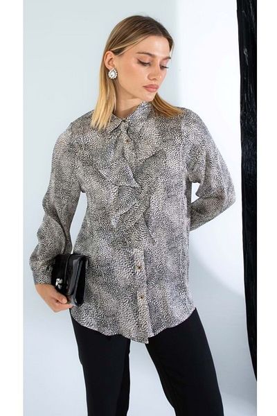 CELTMODA Bluză de cămașă din satin cu volane cu model leopard pentru femei - Leopard
