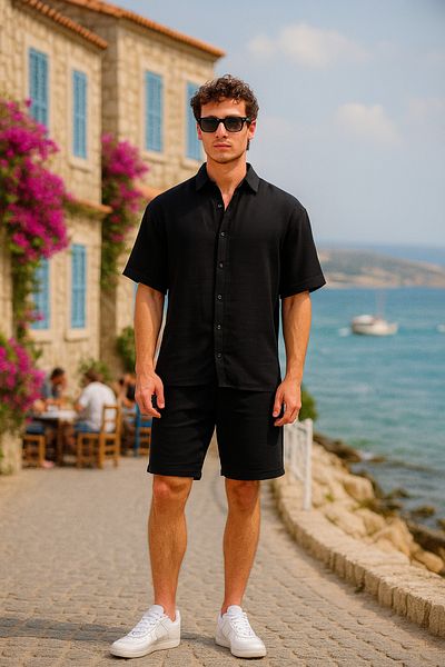 Pobudo Black Color Linen Look Muslin Summer Set - Shirt and Shorts Men's Set