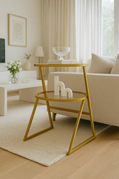 DEKOPRATİK Valencia Yan Sehpa - Gold Metal Şeffaf Camlı Çok Amaçlı Yan Sehpa