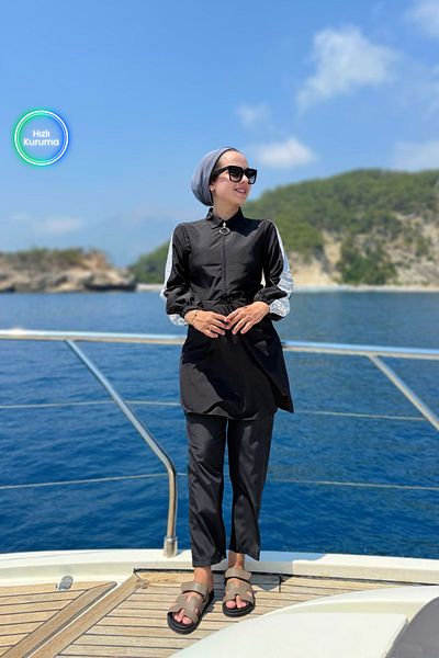 Ka Hijab Μαγιό με παγιέτες με λεπτομέρεια πλήρως καλυμμένο 2 τεμαχίων - Μαύρο