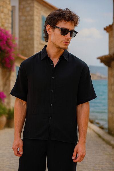 Pobudo Black Color Linen Look Muslin Summer Set - Shirt and Shorts Men's Set