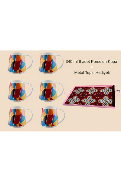 RİVO HOME DECOR The Mia Shapes Porcelain Mug 340 Cc 6 Mugs with Metal Tray Gift